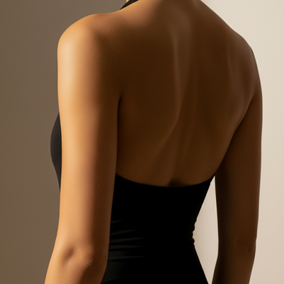 Person wearing a black halter neck dress against a neutral background