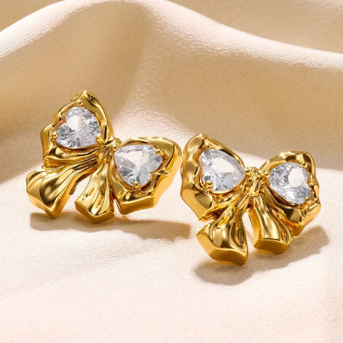Mini Crystal Bow Earrings - Gold